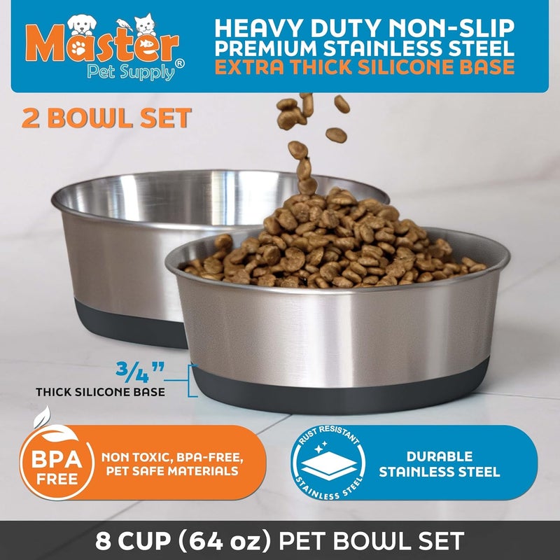 Master Pet Supply Stainless Steel Dog Bowls Set of 2 with Extra Thick Silicone Base - 8 Cup (64 oz) Black Velvet, Non-Slip, Dishwasher Safe Metal Bowls, Pet Dog Food Bowl for Dogs, Cats, Anti Rust - Image 2